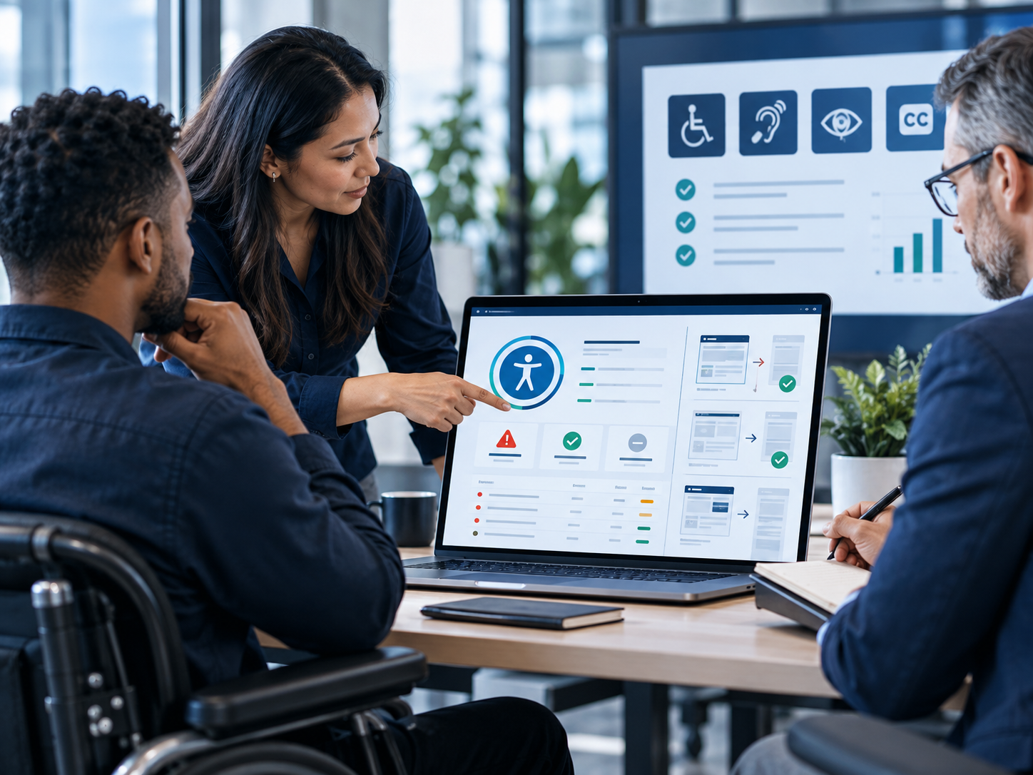 Team reviewing an accessibility audit dashboard in a meeting