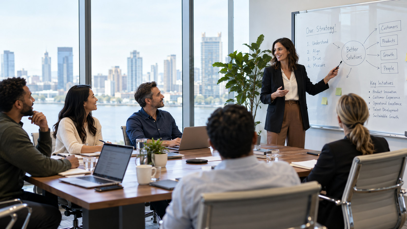 Business team meeting in a conference room with one person leading the discussion at a whiteboard