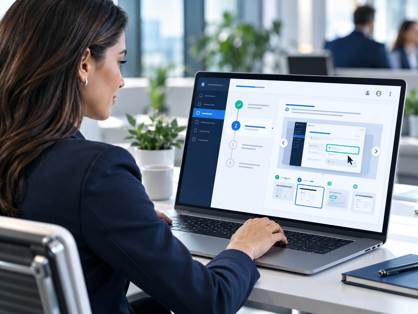 Professional using an interactive step-by-step job aid on a laptop