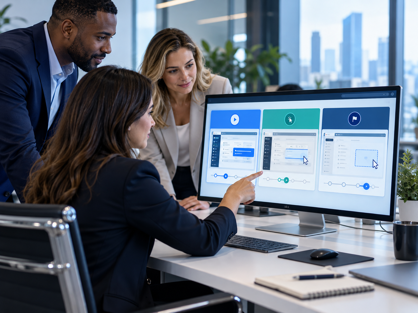 Business team reviewing a software simulation training dashboard